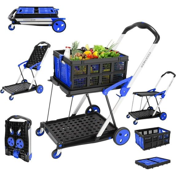Zzistar Collapsible Utility Cart ,Mobile Folding Trolley, Collapsible Hand Truck and Dolly, Shopping Cart with Storage Crate, Blue