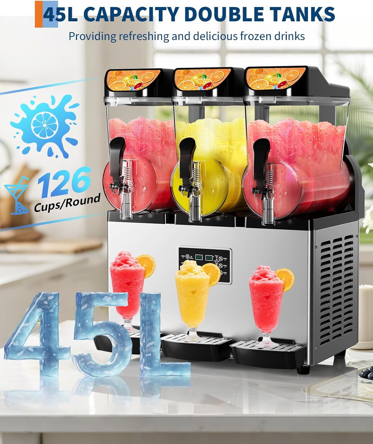 Zzistar Commercial Slushy Machine 15Lx3, Tainless Steel Smoothie Frozen Drink Maker with Self-Cleaning Mode, 1200W Electric Large Slushie Machine for Home Party