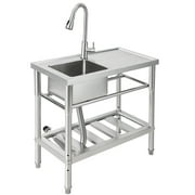 Zzistar Freestanding Single Sink，Commercial Kitchen Stainless Steel Utility Sink with Worktop Faucet, for Outdoor Garage