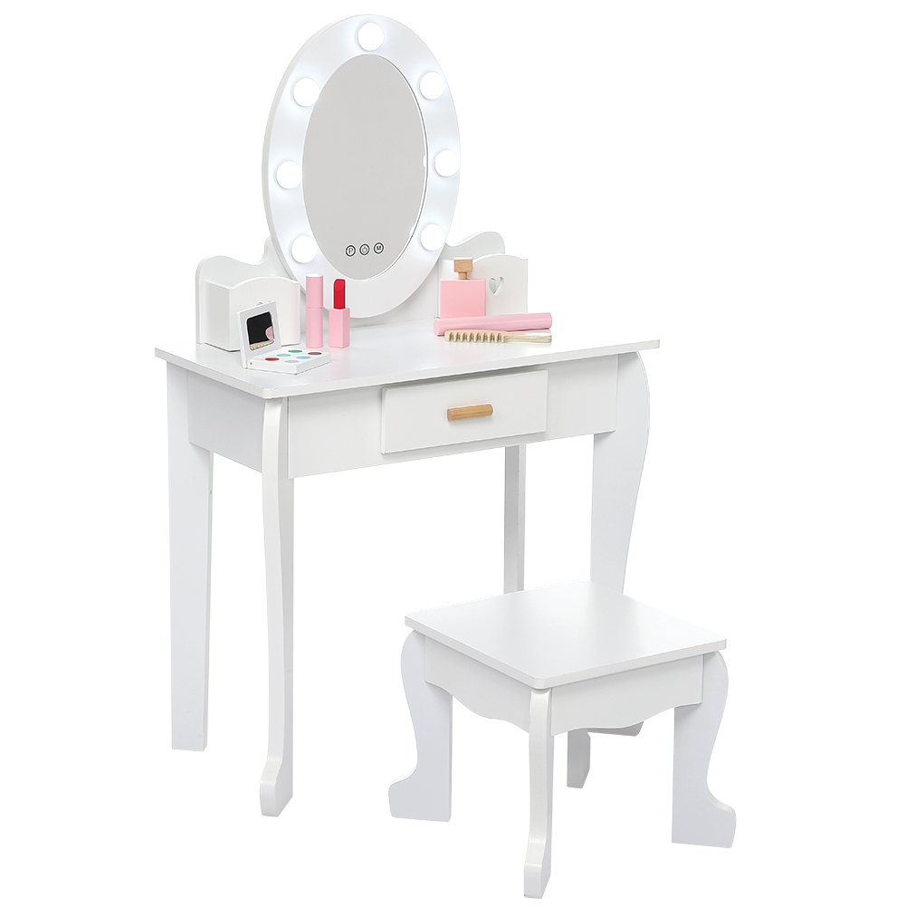 Roundhill Furniture Moniya Wood Vanity Table and Stool Set, Pink
