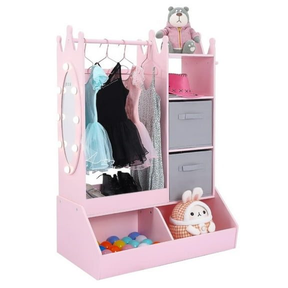 Zzistar Kids Dress up Storage Rack with Mirror & Light, Kids Armoire Dresser Clothing Rack with Storage Bin and 2 Fabric Drawer