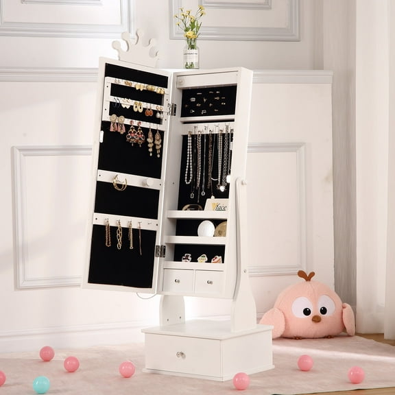 Zzistar Kids Freestanding Jewelry Armoire with Mirror , Child Jewelry Cabinet with Led Light, 3 Storage Drawers for Girls