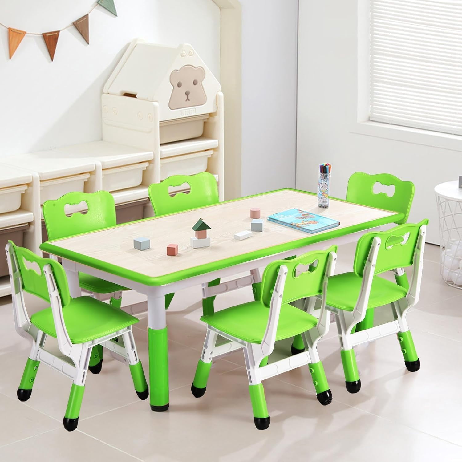 Zzistar Kids Table and 6 Chairs Set, Height Adjustable Arts & Crafts Table with Graffiti Desktop, Non-Slip Legs,Ideal for Ages 2-10