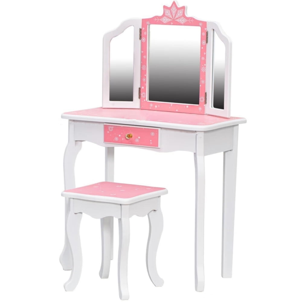 Zzistar Kids Vanity Table Set with TriFolding Mirror and Drawer, Wood