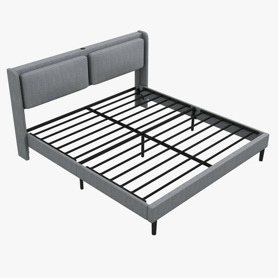 Zzistar Metal Bed Frame with USB Ports, Adult Platform Bed Frame with Linen Fabric Adjustable Headboard, Queen Size