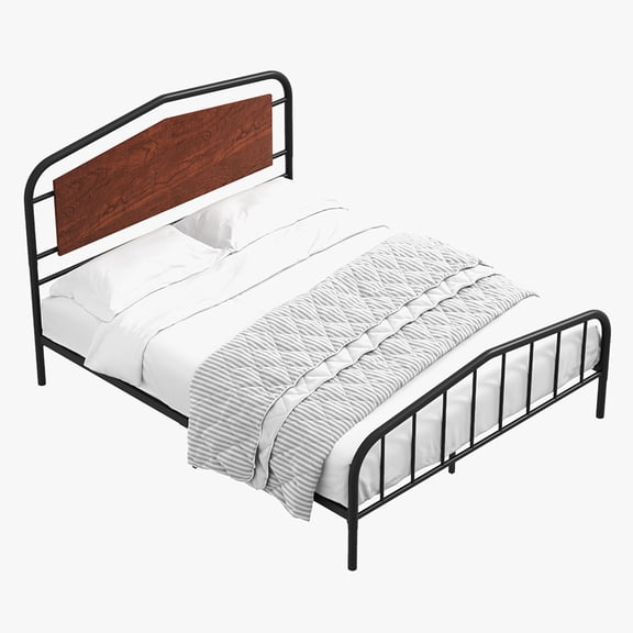 Zzistar Metal Bed Frame with Wooden Headboard and Metal Footboard, Heavy Duty Metal Platform Bed Frame