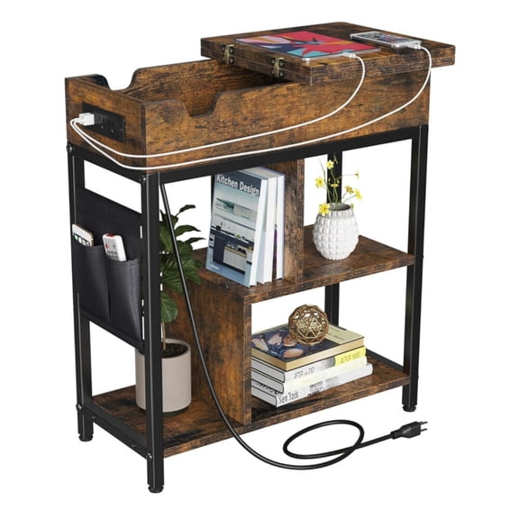 Zzistar Narrow Side Table with Charging Station, Wood End Table Nightstand with Shelves, Detachable Storage Bag and Flip-Top Drawer