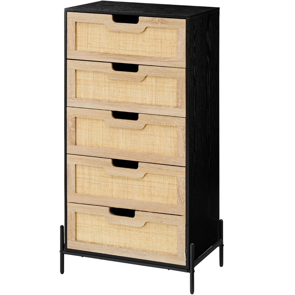 Black and Beige Tall Rattan Wood Dresser with Metal Legs