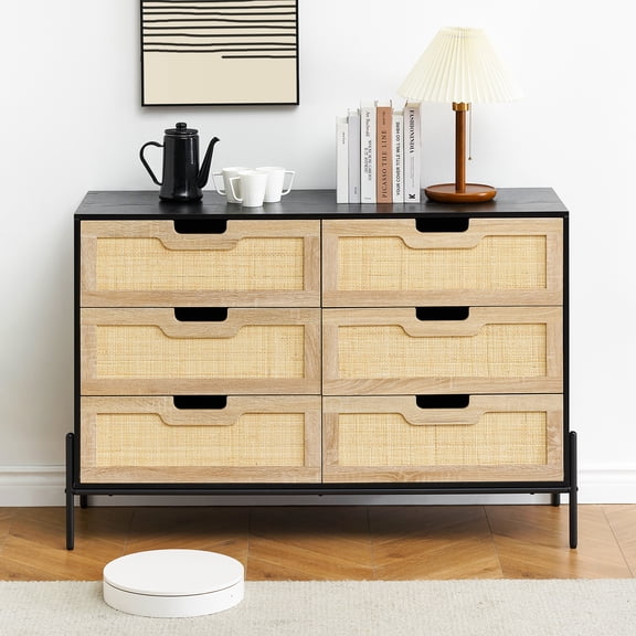Zzistar Rattan Chest of Drawers, Farmhouse 6 Drawer Dresser, Modern Wooden Dresser with Metal Legs, Rattan Entryway Table, Large 6 Drawer Double Dresser for Bedroom