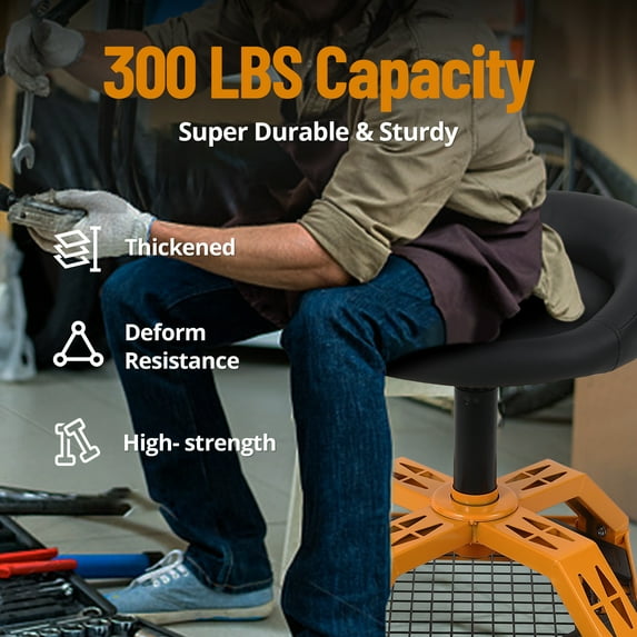 Zzistar Rolling Garage Stool, Mechanic Stool,Mechanic Stool with Wheels, 300 LBS Capacity, 360° Swivel Wheels, Adjustable Height, Convenient Storage Shelf