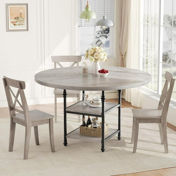 Zzistar Round Dining Table for 4, 47 Inch Kitchen Dining Room Circle Dinner Pedestal Table with Storage Shelves & Roman Metal Legs, Farmhouse Style, Space Saving
