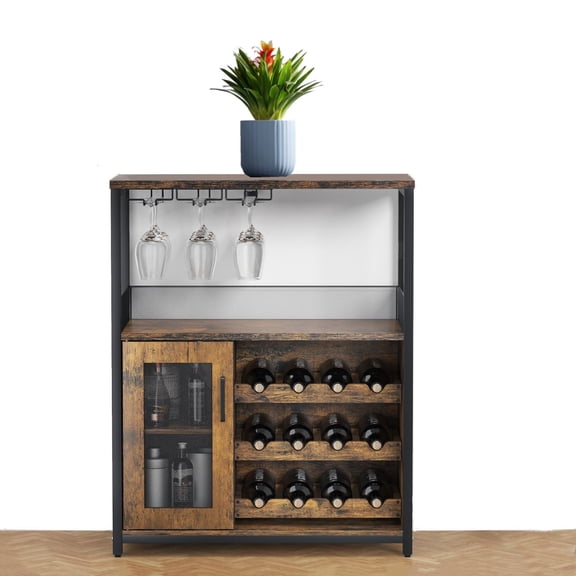 Zzistar Rustic Brown Bar Cabinet, Multifunctional Wine Storage with Detachable Racks for 12 Bottles