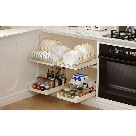 Zzistar Stainless Steel Pull Out Cabinet Organizer, Metal Slide Out Dish and Bowl Drying Rack, Fixed with Adhesive Nano Film, Cabinet Organizers for Kitchen Under Sink