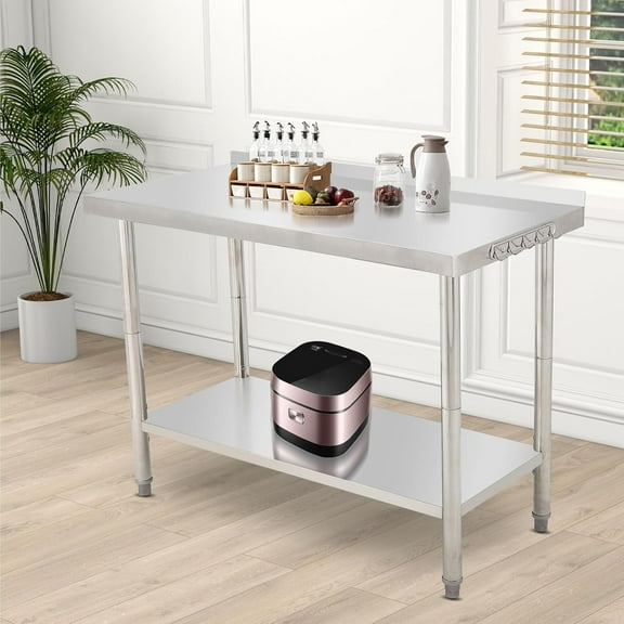 Zzistar Stainless Steel Table,36"X 24"Metal Prep Table with Backsplash & Adjustable Undershelf,Curved Edge,Heavy Duty Food Prep Worktable with Hooks for Home