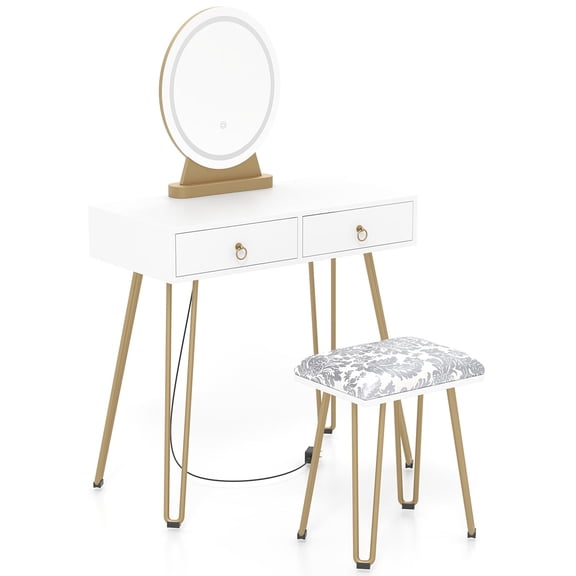 Zzistar Vanity Desk with Lighted Mirror and 2 Drawers, Modern Metal Legs Dressing Table Vanity Table Makeup Table with Upholstered Stool, 3 Lighting Modes