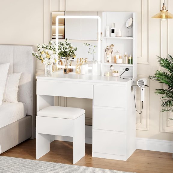 Zzistar Vanity Desk with Mirror and LED Light, Vanity Desk with 4 Drawers, Power Outlet, Storage Stool, Storage Shelves & Hair Dryer Holder, Adjustable 3 Lighting Mode, Makeup Vanity Set for Bedroom