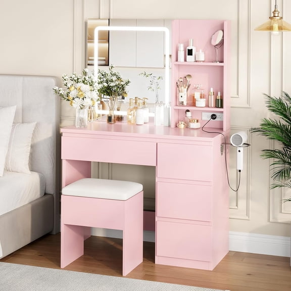 Zzistar Vanity Desk with Mirror and LED Light, Vanity Desk with 4 Drawers, Power Outlet, Storage Stool, Storage Shelves & Hair Dryer Holder, Adjustable 3 Lighting Mode, Makeup Vanity Set for Bedroom