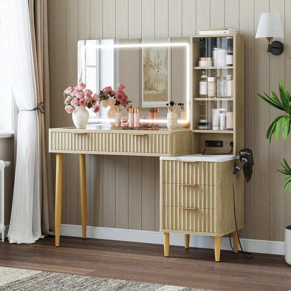 Zzistar Vanity Desk with Mirror, LED Lights and Power Outlet Makeup Vanity Table with 5 Drawers and 3 Storage Shelves Ressing Table for Bedroom Dressing Room