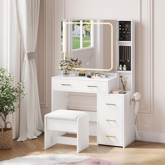 Zzistar Vanity Desk with Mirror and Lights, Makeup Vanity Set with Drawers & Chair, 3 Light Mode and Brightness Adjusted & Power Outlet, Dressing Table with Hairdryer Holder for Bedroom