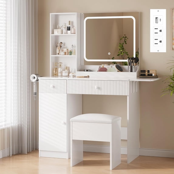 Zzistar Vanity Desk with Mirror and Lights, Power Outlets Makeup Table with Drawers & Cabinet, Storage Stool, Dressing Table for Bedroom