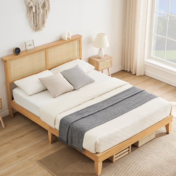 Zzistar Wood Bed Frame with LED Lights & Natural Rattan Headboard, Platform Bed Frame, Full Size