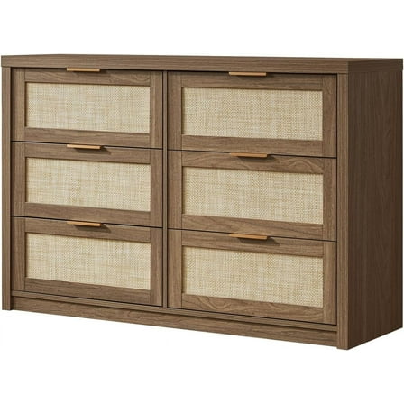 Zzistar Wood Dresser for Bedroom, Rattan 6 Drawer Dresser, Boho Chest of Drawers, for Living Room Hallway