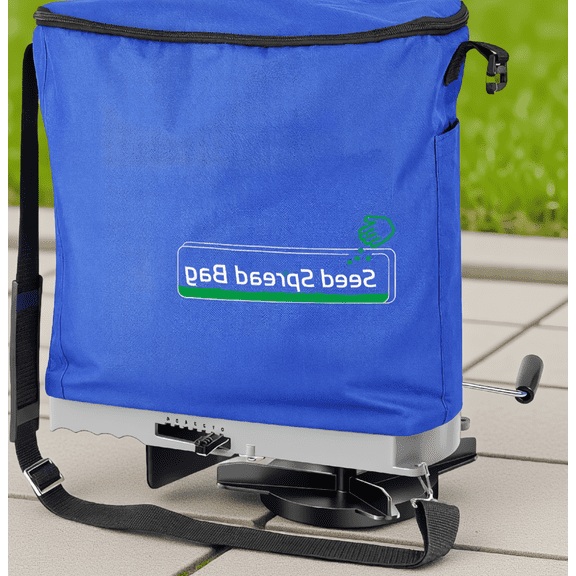 Zzjniupiyyds 1-Pack 25 lb Handheld Bag Seed Spreader with Waterproof Bag, 6-Level Gate Settings, Adjustable Shoulder Strap, Lawn and Garden, Blue
