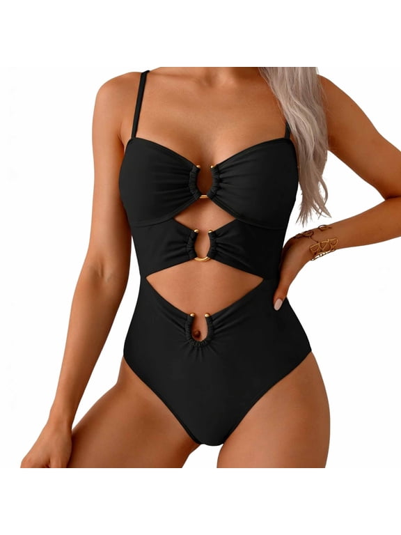 1 Pcs Black Micro Bikini Swimsuit, String Bikini One Piece with Metal Ring Cutout, Sexy Monokini,M