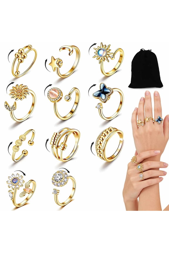 11Pcs Womens Fidget Rings Adjustable Anxiety Relief Spinner Rings, CZ Moon, Sun, Butterfly, Daisy, Galaxy, 14K Gold Plated