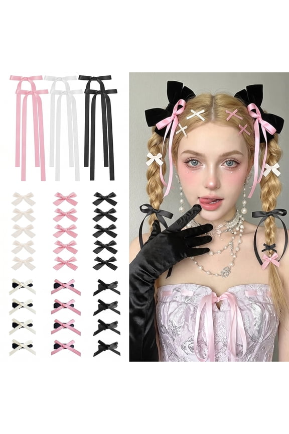 33Pcs Mini Hair Bows for Girls & Women,  3 Styles, Black White Pink, Small Alligator Clips with Long Tail Ribbon Hair Accessories