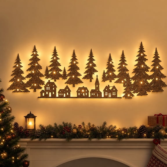 Zznnkj 35.43 Inch Large Christmas Village Wooden Wall Decor, Lighted Pine Tree & House Silhouette Wall Art with String Light for Rustic Holiday Fireplace Living Room Decor