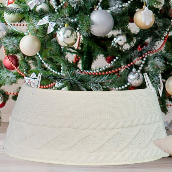 Zznnkj Christmas Tree Collar, White Cable Knitted Xmas Tree Base Ring with 2 Metal Clips, Farmhouse Tree Skirt Alternative, Slip On Tree Stand Cover for Indoor Christmas Home Decor