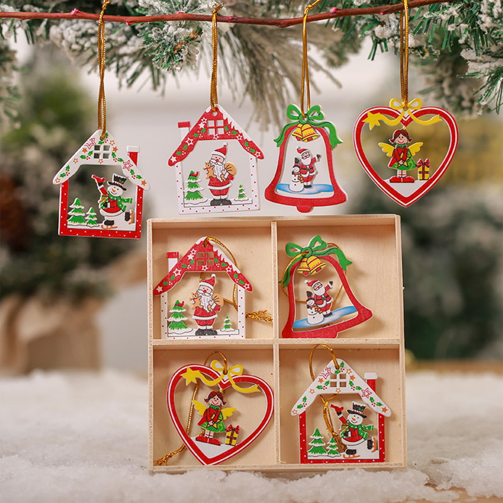 Zznnkj Christmas Tree Ornaments Set of 12, Wooden Craved Cutouts Xmas