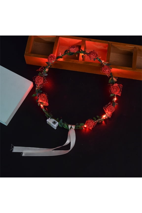 LED Flower Headband, Light Up Rose Floral Crown Hair Wreath with Adjustable Ribbon, Luminous Rose Flower Headwear, Bridal Wedding Rose Headpiece Hair Accessories Photo Props for Girls