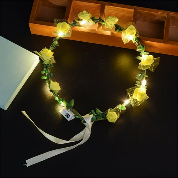 Zznnkj LED Flower Headband, Light Up Rose Floral Crown Hair Wreath with Adjustable Ribbon, Luminous Rose Flower Headwear, Bridal Wedding Rose Headpiece Hair Accessories Photo Props for Girls