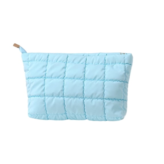 Zznnkj Quilted Puffer Makeup Bag, Large Capacity Cosmetic Pouch Bags, Soft Nylon Checkered Toiletry Zipper Pouch Bag for Travel, Blue