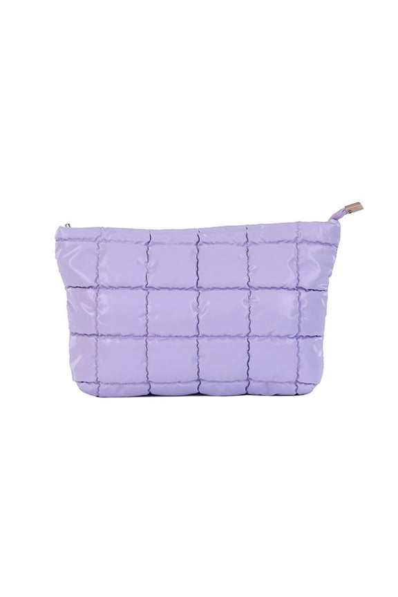 Quilted Puffer Makeup Bag, Large Capacity Cosmetic Pouch Bags, Soft Nylon Checkered Toiletry Zipper Pouch Bag for Travel, Purple