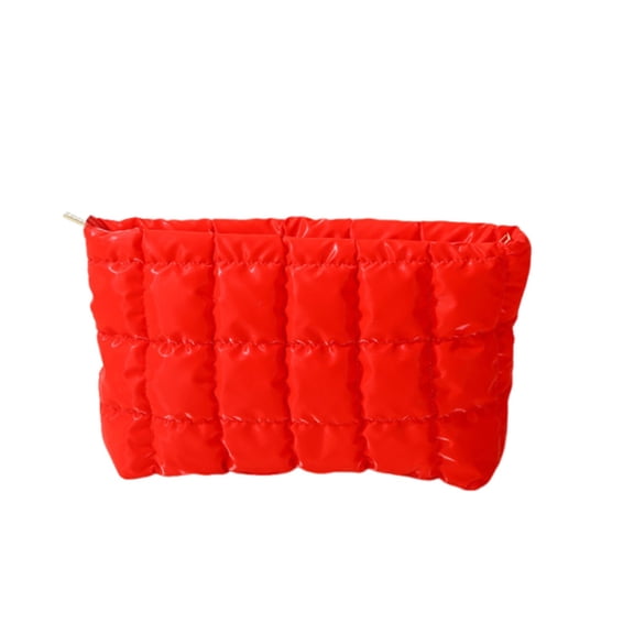 Zznnkj Quilted Puffer Makeup Bag, Large Capacity Cosmetic Pouch Bags, Soft Nylon Checkered Toiletry Zipper Pouch Bag for Travel, Red
