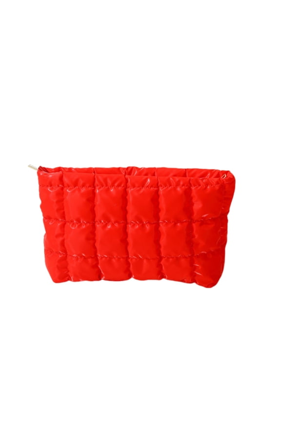 Quilted Puffer Makeup Bag, Large Capacity Cosmetic Pouch Bags, Soft Nylon Checkered Toiletry Zipper Pouch Bag for Travel, Red