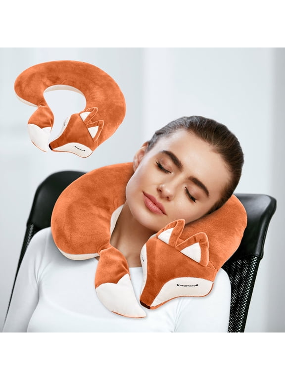 Travel Pillow, Cartoon Fox U-Shaped Headrest & Neck Pillow, Soft Plush Warm Comfortable Luggage Pillow Neck Support Cervical Pillow for Airplanes Car Train, Travel Accessories