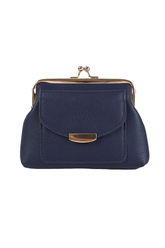 Women's Retro Pebbled PU Leather Kiss-Lock Clutch Bag with Front Flap Pocket, Structured Top Handle Purses Handbags