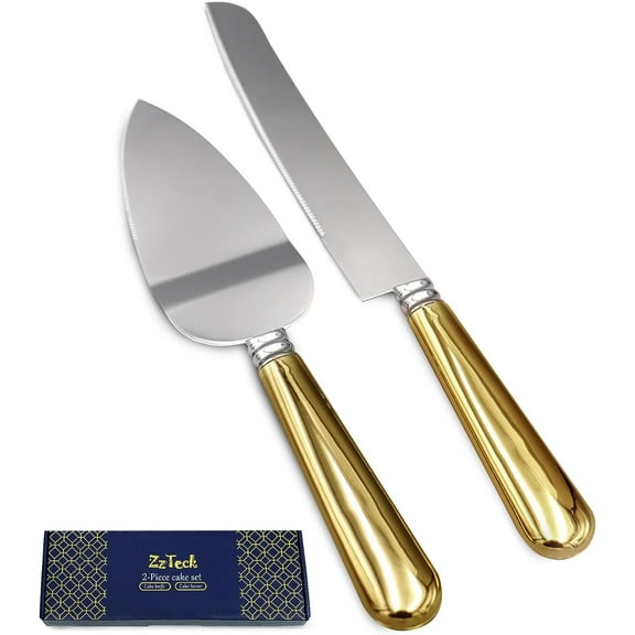 Zzteck Stainless Steel Wedding Cake Knife and Server Set with Golden Handles- Cake Cutter Set With 12" Server & 9.8" Knife - Durable & Dishwasher Safe - Cake Cutting Set for Wedding, Party & Events