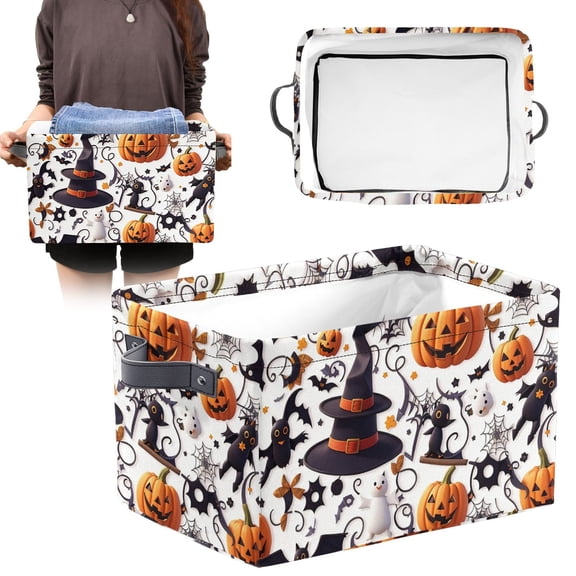 Halloween Basket Pumpkin Basket Rectangular Storage Basket With Cute Ghost Black White Foldable Shelf Basket Open Canvas Storage With PE Frame & PU Handles Use In Bedroom Bathroom Closet Or Car