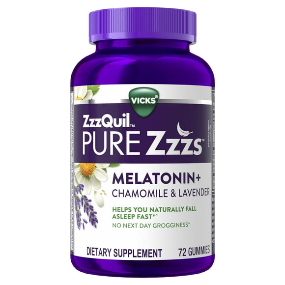 ZzzQuil PURE Zzzs Melatonin Gummies, Sleep Aid, KMC2Melatonin 2mg, with Chamomile & Lavender, Melatonin Sleep Gummies, Sleep Aids for Adults, Wildberry Vanilla Flavored, 72 Sleep Gummies