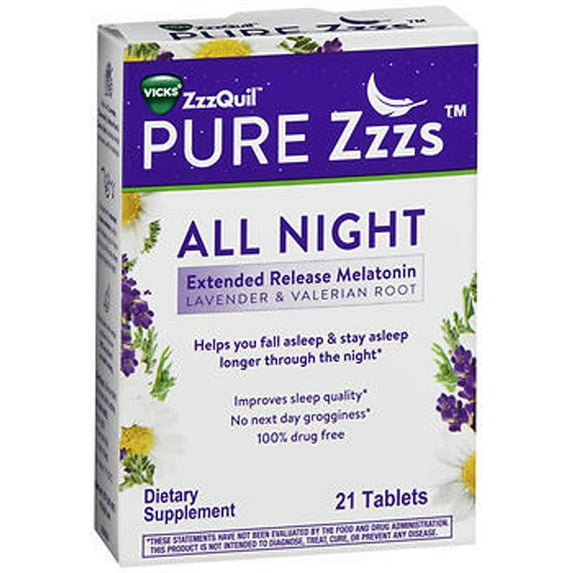 ZzzQuil Pure Zzzs All Night Extended Release Melatonin, Lavender & Valerian Root Tablets - 21 ct