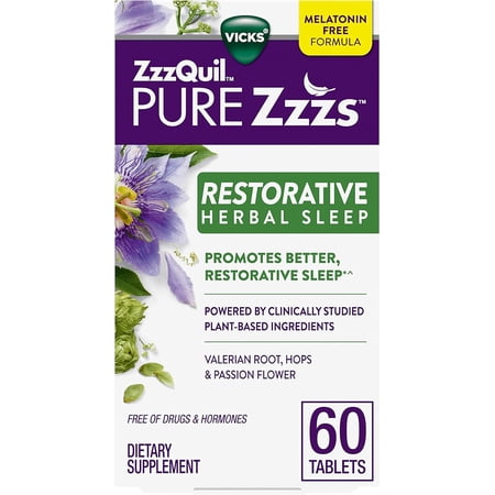 ZzzQuil Pure Zzzs Restorative Herbal Sleep, Tablets, Free of Drugs and Hormones, Melatonin-Free Formula, Valerian Root, Hops, Passion Flower, Sleep Aids for Adults, 60 Count