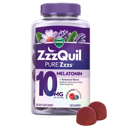 ZzzQuil Pure Zzzs Advanced Melatonin Gummies, Melatonin 10mg, Sleep Aid, Berry Flavored, 100 Sleep Gummies