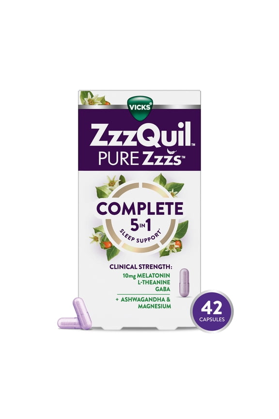 ZzzQuil PURE Zzzs Complete Sleep, Melatonin 10mg, L-Theanine, GABA, with Ashwagandha, and Magnesium, Melatonin Sleep Aid, 42 count