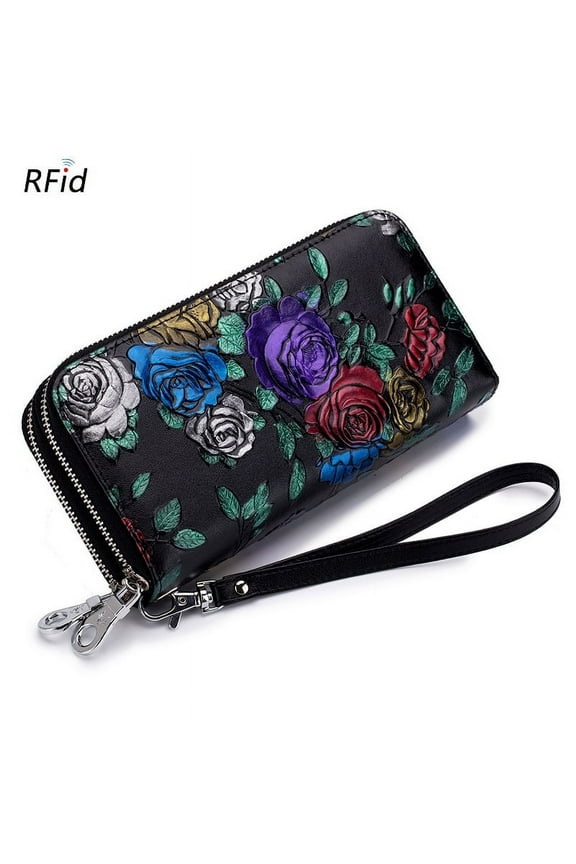 a Cattlehide Leather Fashion High-End Double Zipper Large-Capacity Wallet Women's Long Genuine Leather Multiple Card Slots Rose Wallet