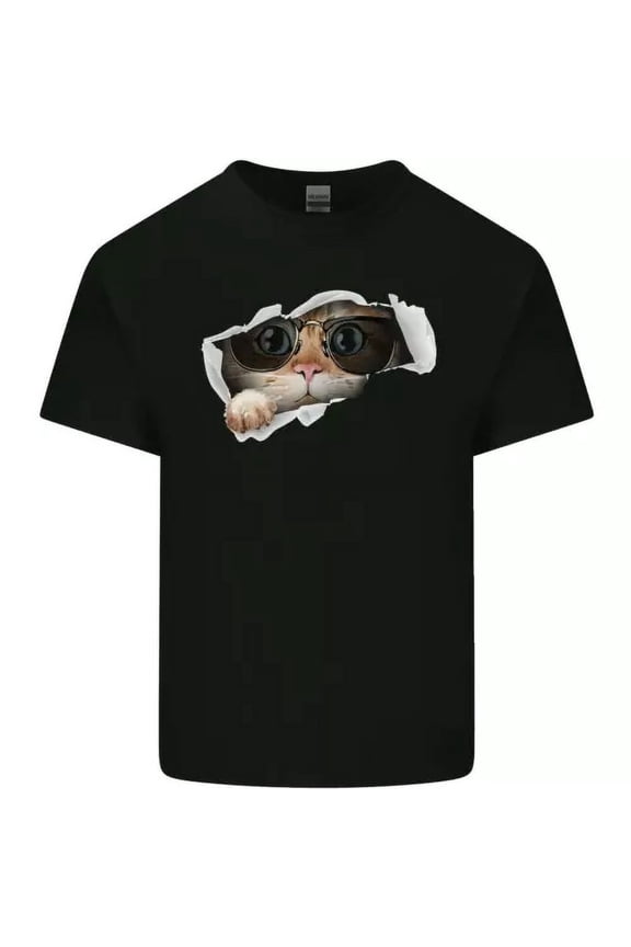a Funny Cat Peeking From a Ripped Top T-Shirt